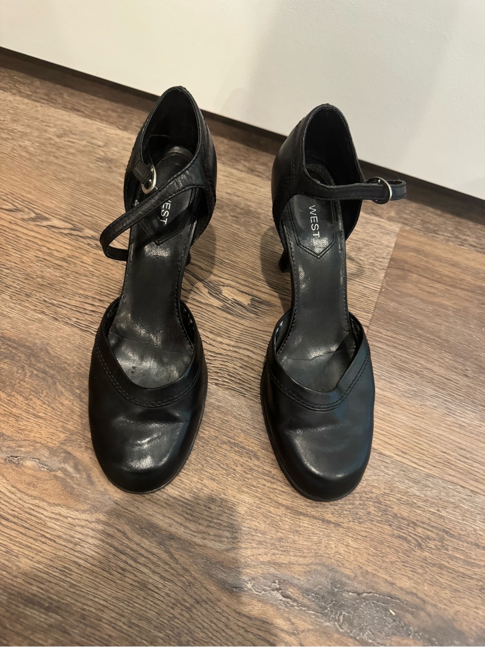 Nine West Black Leather Ankle-Strap Heels